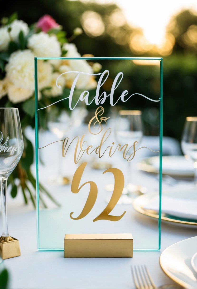 Elegant glass signs with calligraphy for wedding table numbers