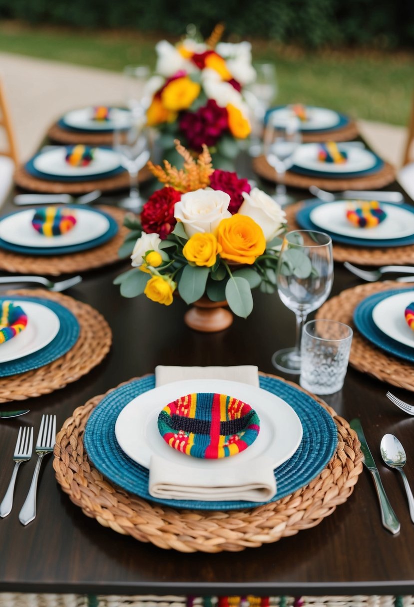 A table set with ethnic-inspired woven placemats, adorned with multicultural wedding decorations