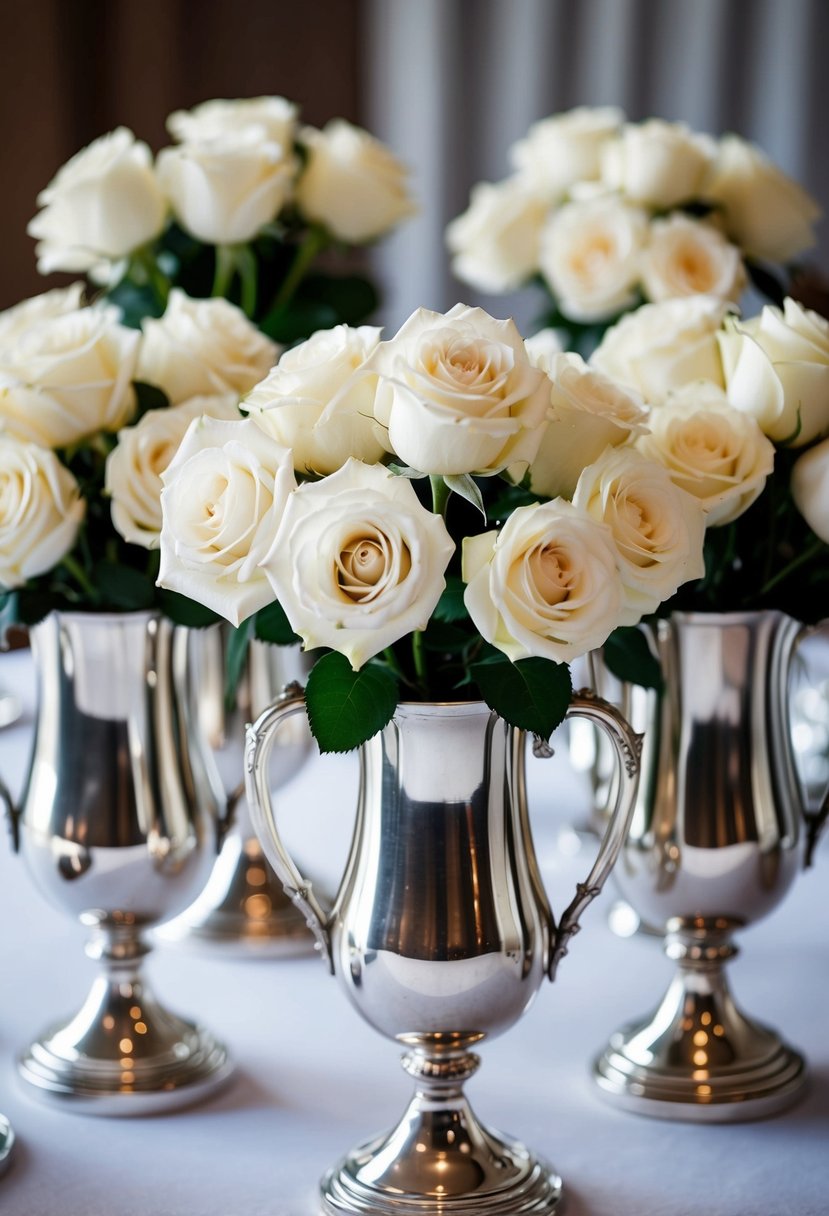 A collection of vintage silver vases filled with white roses arranged as wedding table decorations