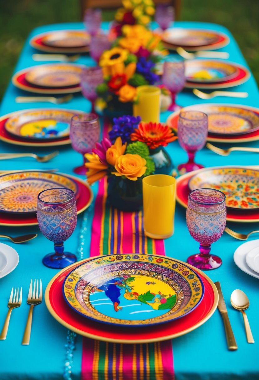 A table set with vibrant, globally themed tableware, featuring patterns and designs from various cultures. A multicultural wedding decoration idea