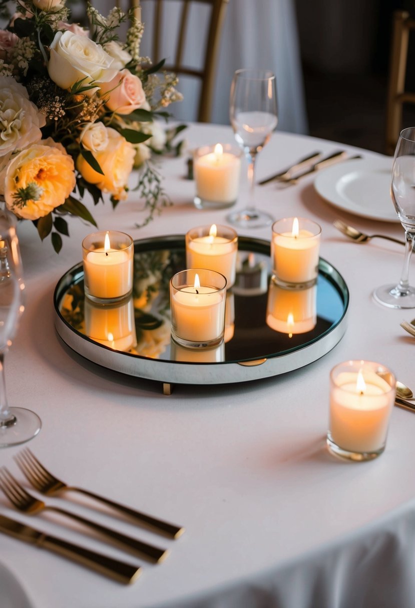 A round mirror candle tray with flickering candles, surrounded by delicate floral arrangements, casting a romantic glow on a wedding table