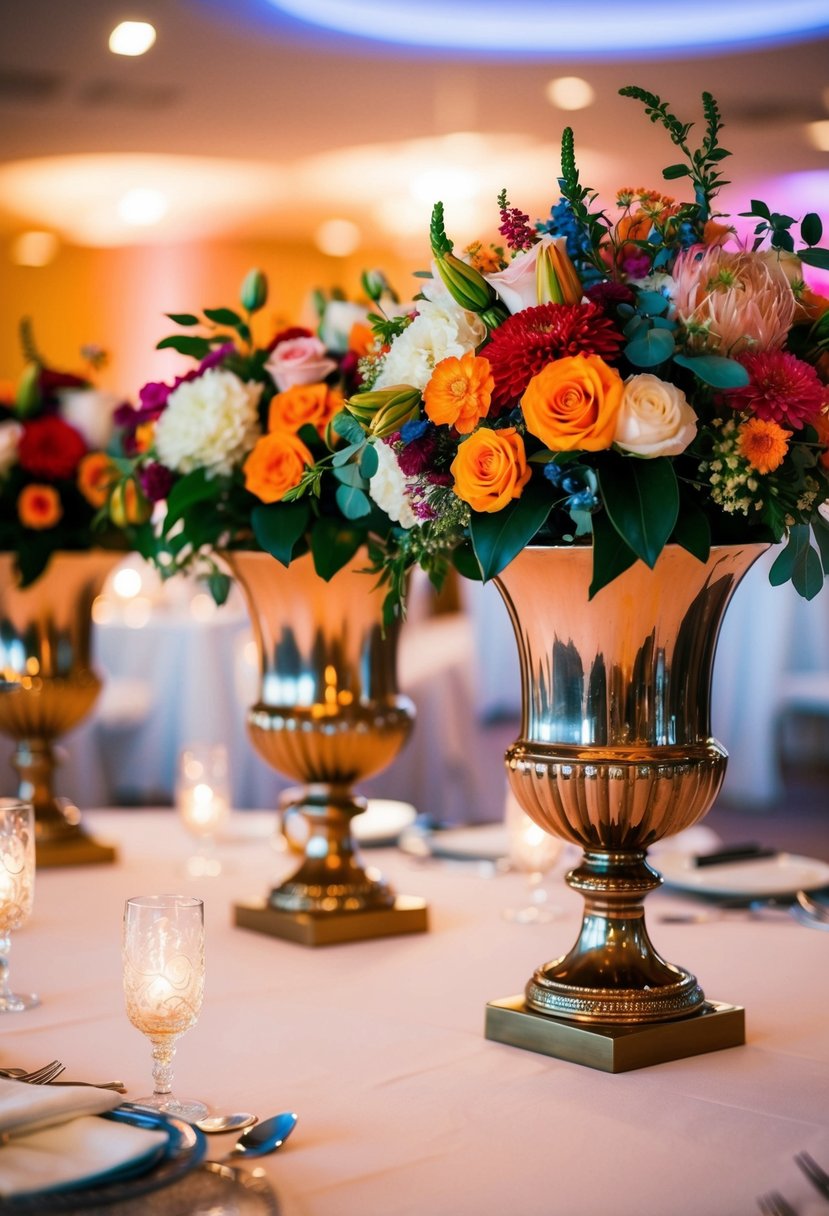 Two ornate vases reflect vibrant floral arrangements on a wedding table