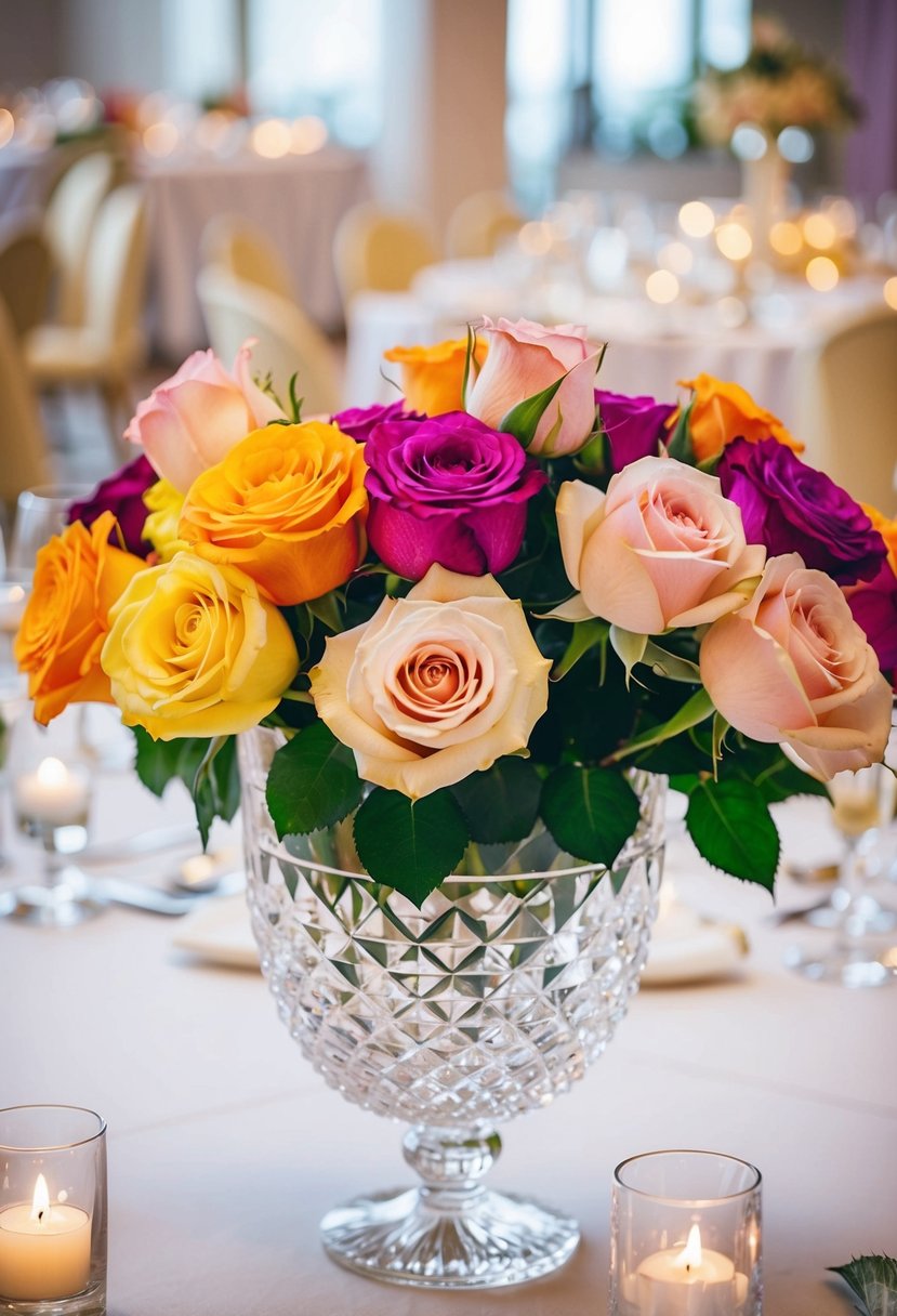 A crystal vase holds a mix of colorful roses, set on a wedding reception table