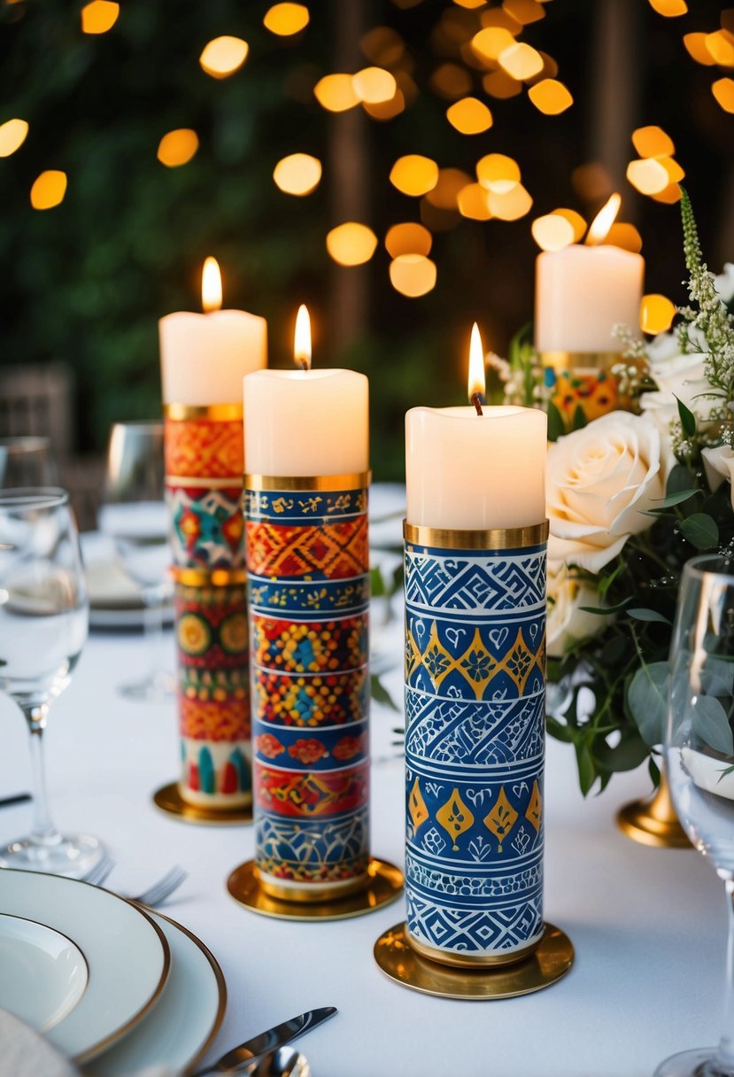 Candle holders inspired by diverse cultural motifs, arranged as wedding table decorations