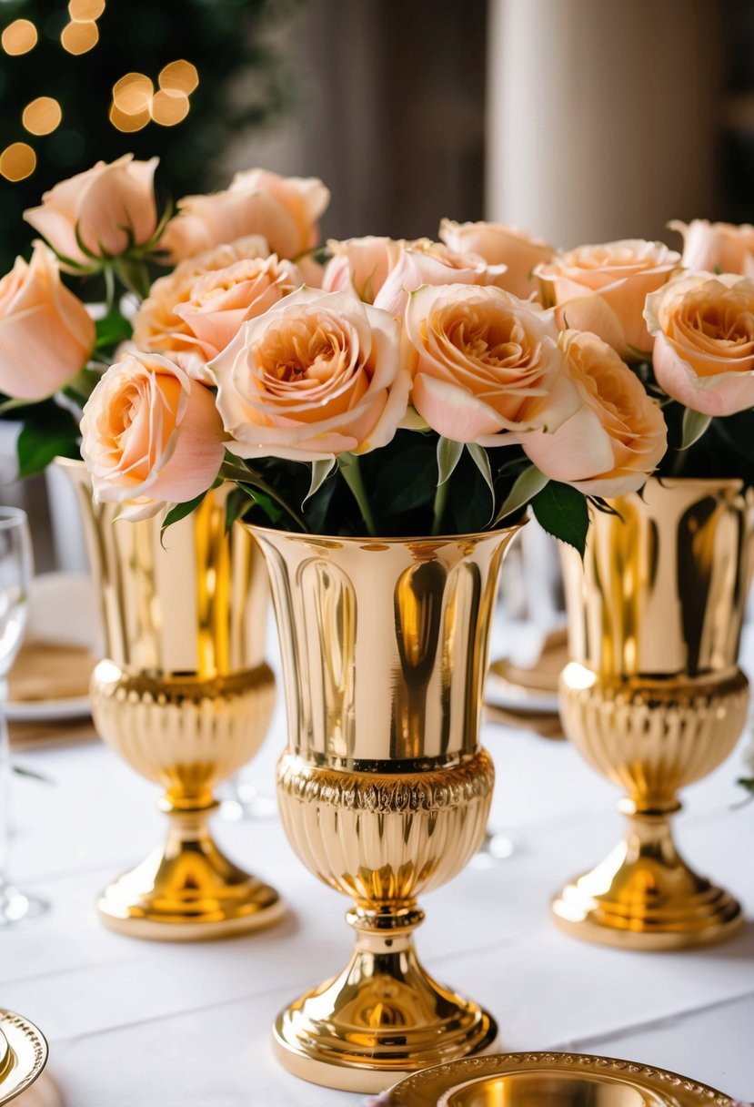 Gold vases filled with peach roses adorn a wedding table, intricate details catching the light