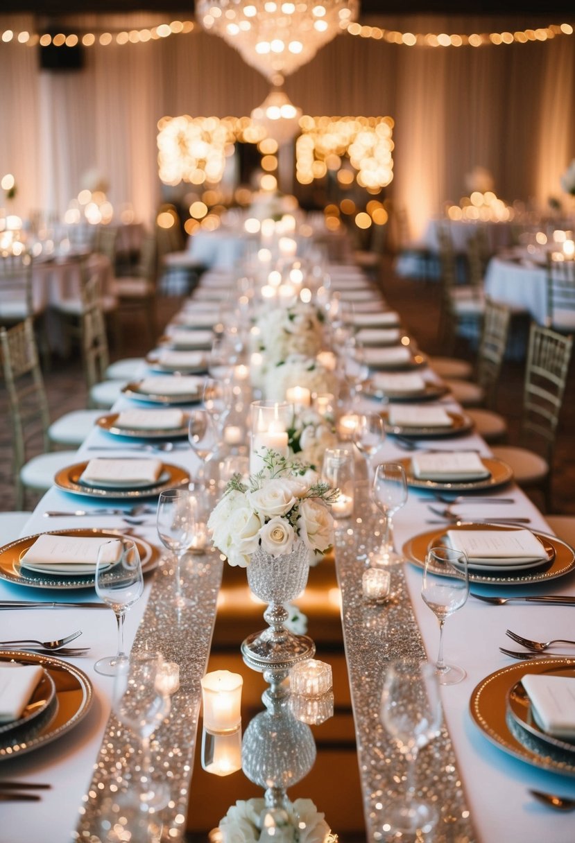 A lavish wedding table adorned with sparkling mirrored table runners and glamorous decorations