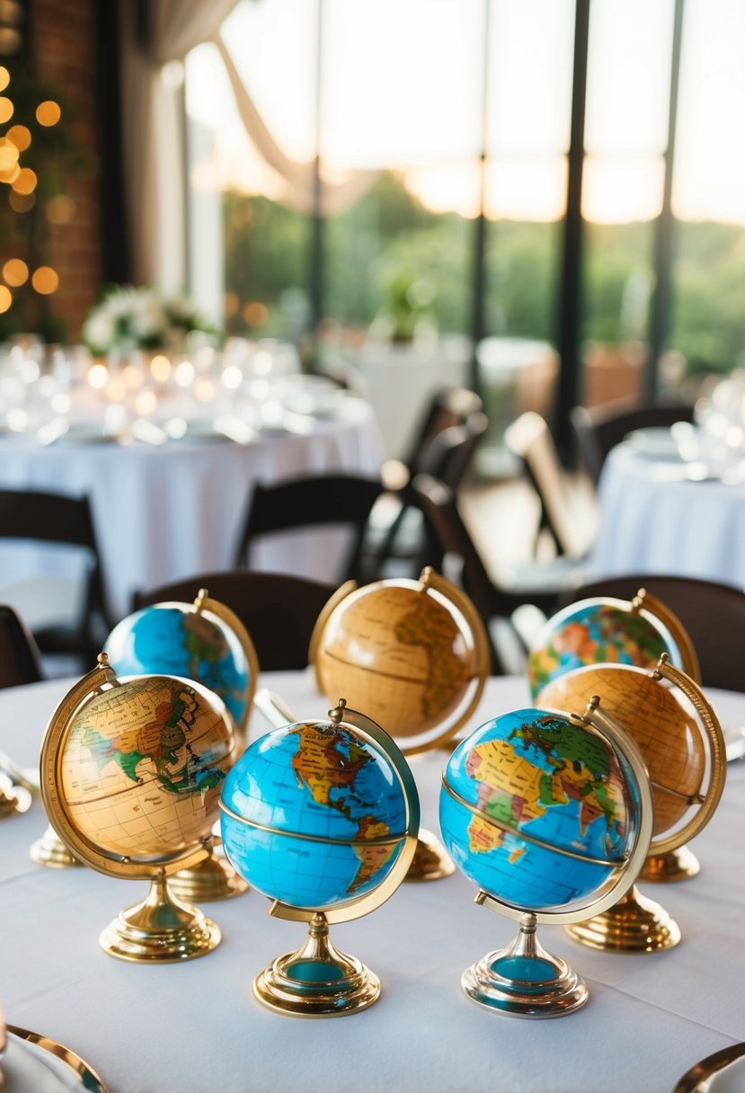 A diverse array of miniature world globe place card holders arranged on a wedding reception table, representing multicultural wedding decoration ideas