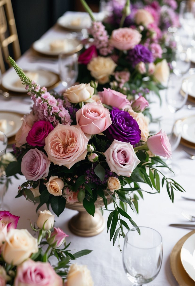 A table adorned with a mix of gomphrena and rose floral arrangements in various shades of pink and purple, creating a romantic and elegant wedding centerpiece