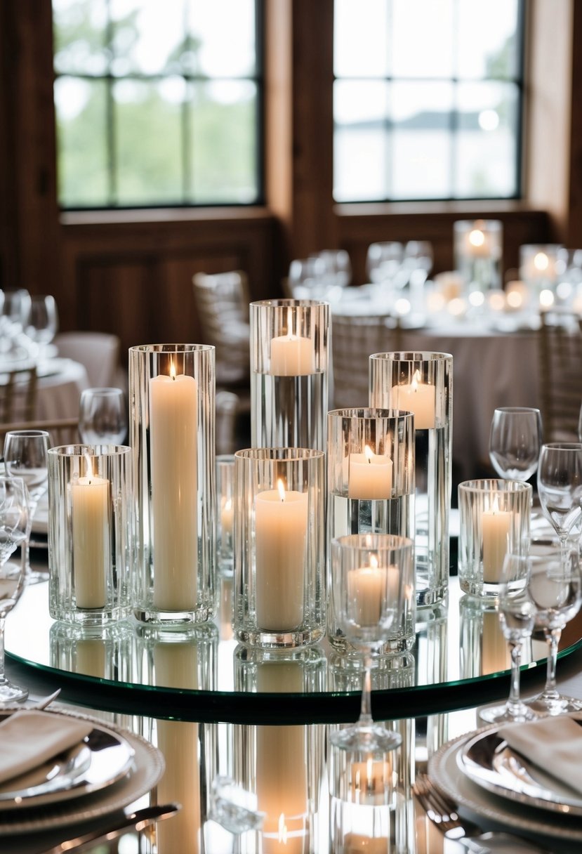 Crystal candle holders clustered on mirrored wedding tables