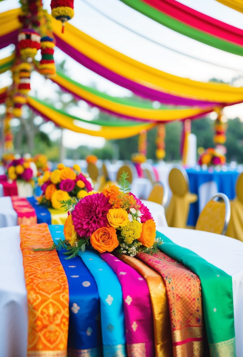 Colorful traditional fabrics draped over tables, adorned with vibrant flowers and cultural ornaments for a multicultural wedding celebration