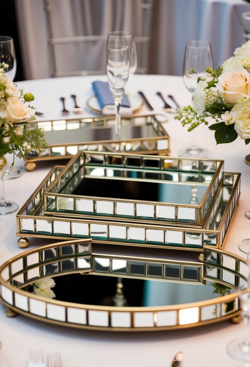 A collection of upscale mirrored decorative trays arranged on a wedding table, reflecting the elegant surroundings and adding a touch of luxury to the decor