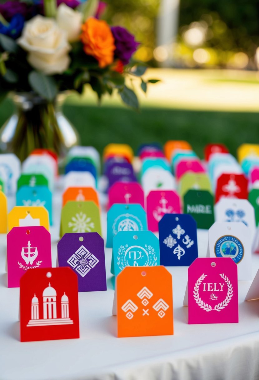 Colorful name tags with diverse cultural symbols arranged on a table for a multicultural wedding