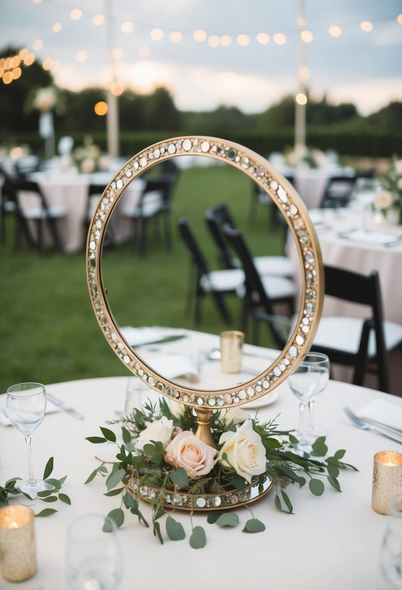 A round mirror base adorned with scattered loose floral accents, serving as a wedding table decoration