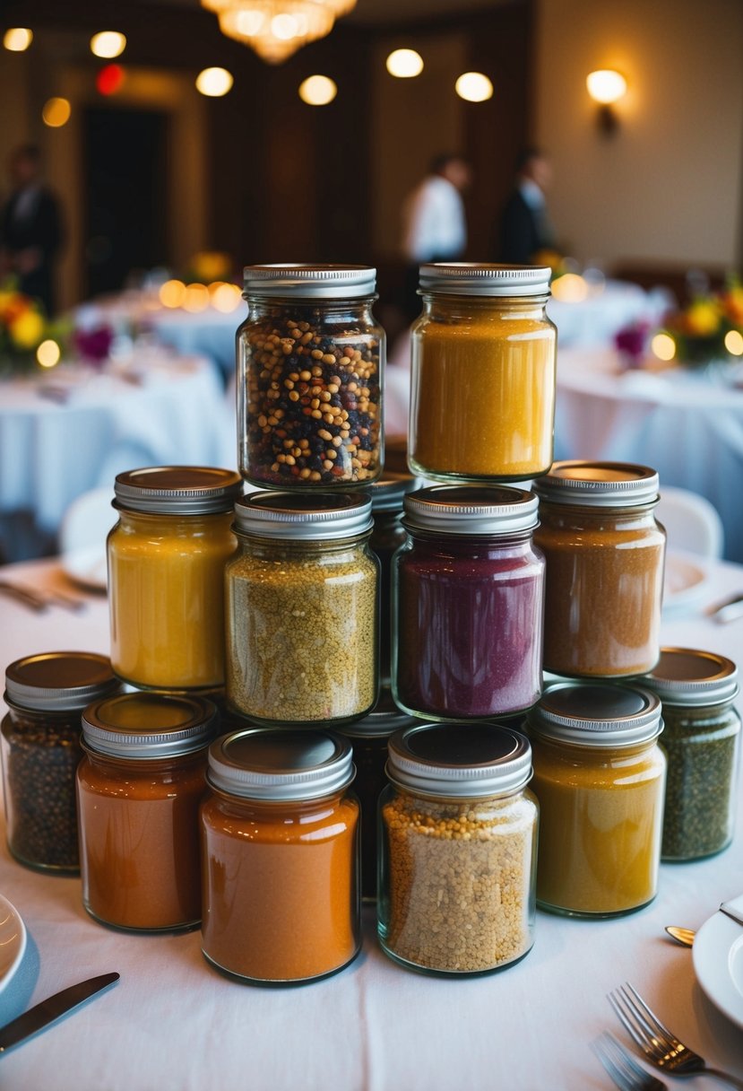 Regional spice jars arranged as table displays for a multicultural wedding, showcasing diverse flavors and traditions