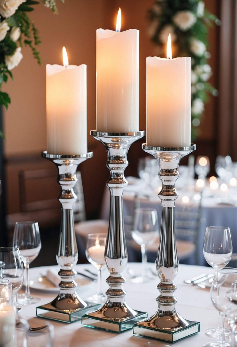 Stem candle holders with mirrored bases reflect elegant wedding table decor