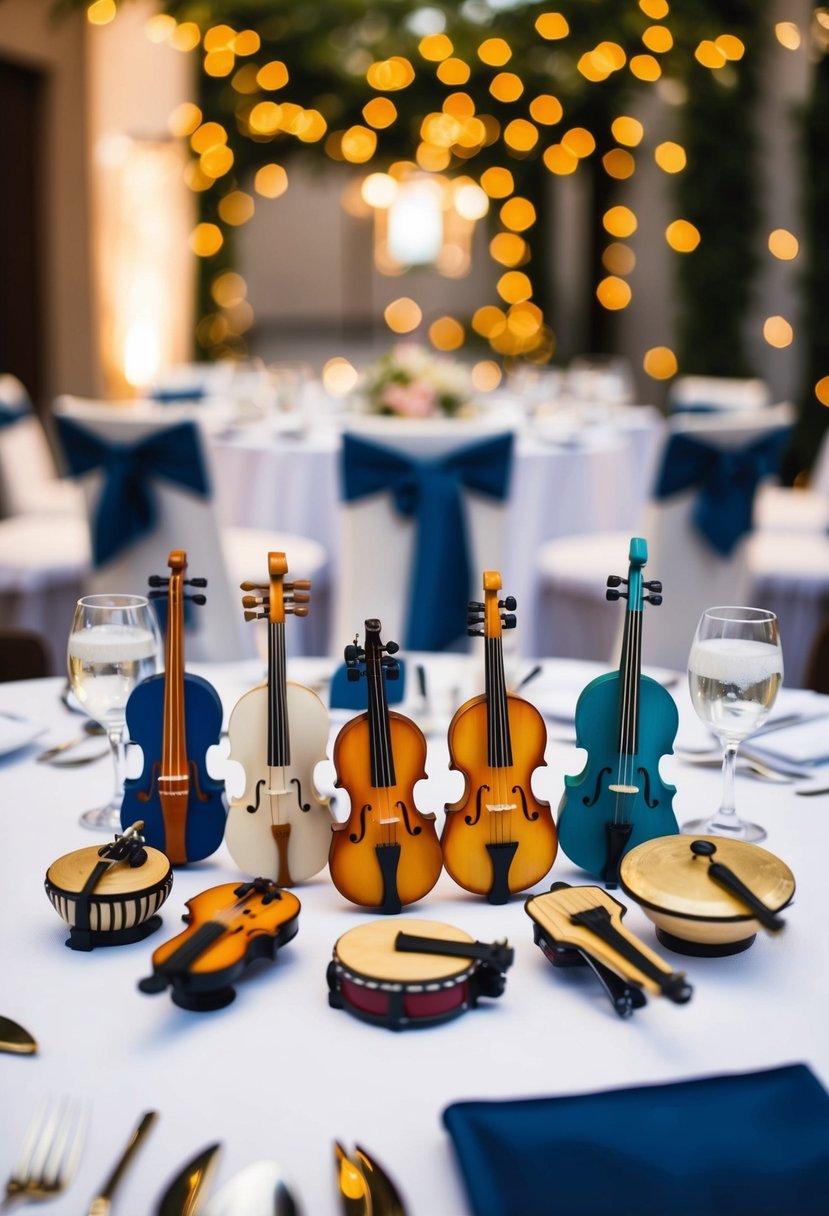 Miniature cultural music instruments arranged as table decorations for a multicultural wedding, showcasing diverse traditions and celebrating unity