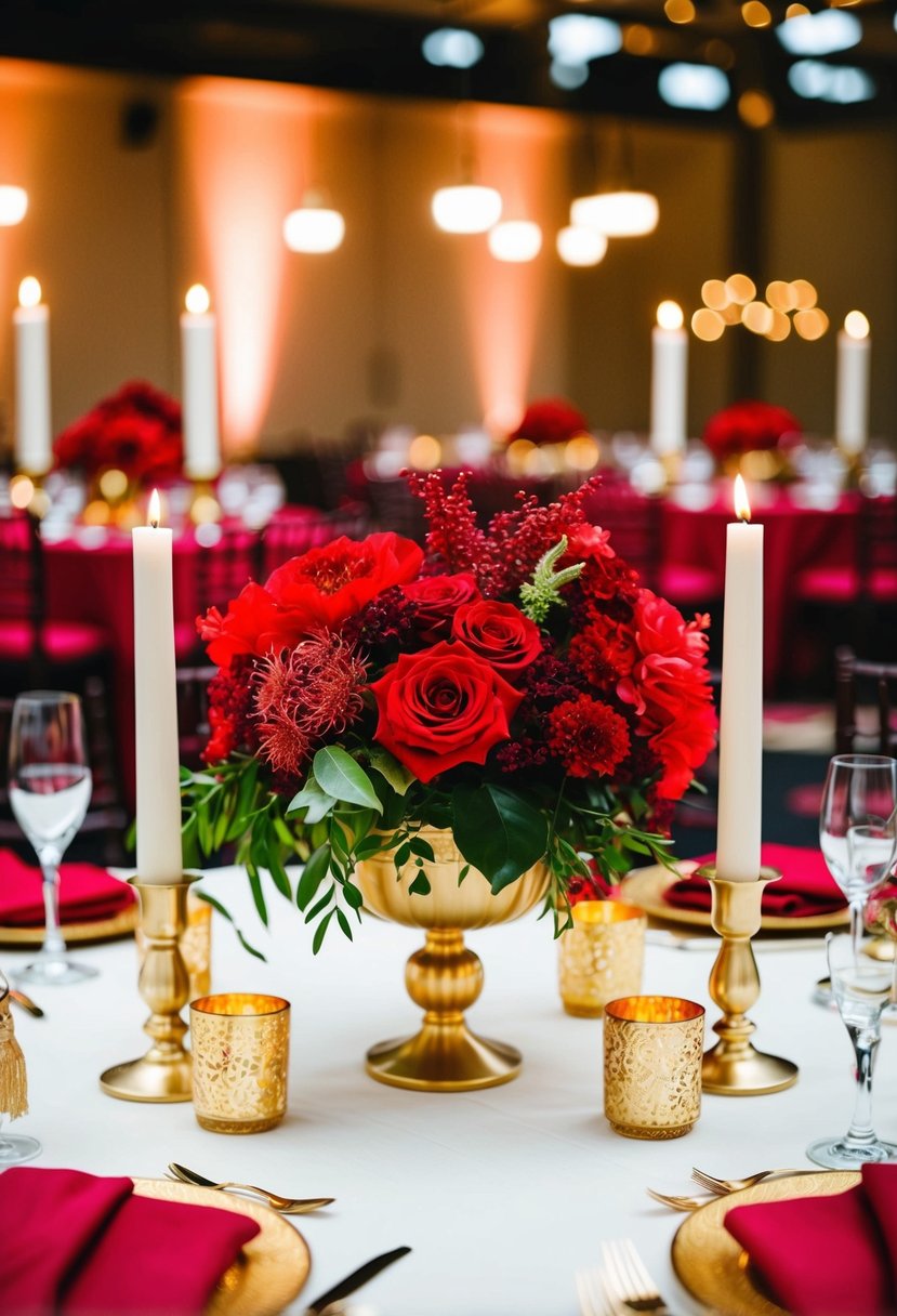 A red floral centerpiece surrounded by gold candle holders and crimson table linens