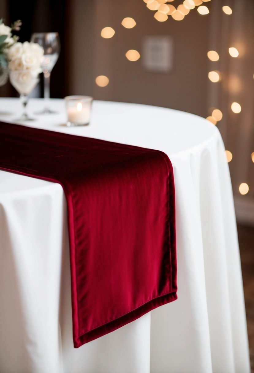 A rich velvet red table runner drapes elegantly across a white table, creating a luxurious and romantic atmosphere for a wedding celebration