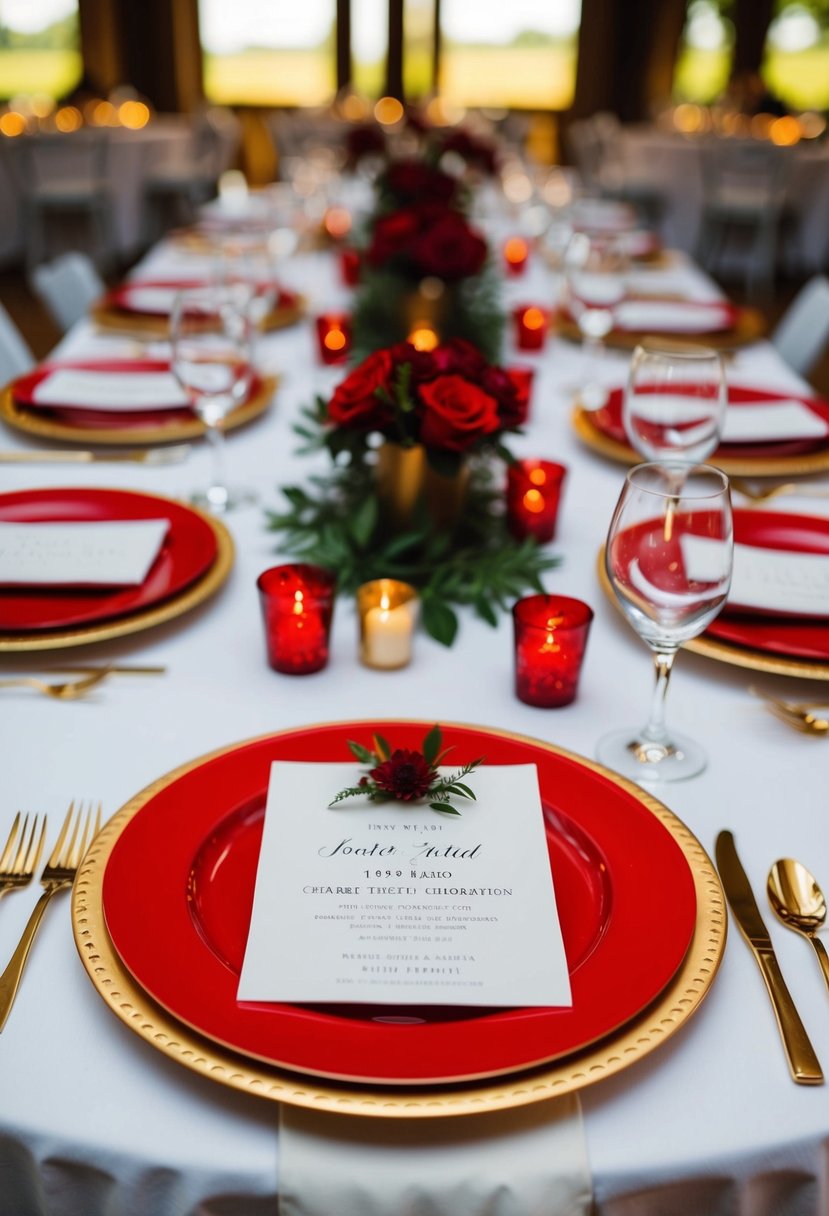 A table set with red and gold accented charger plates for a wedding reception