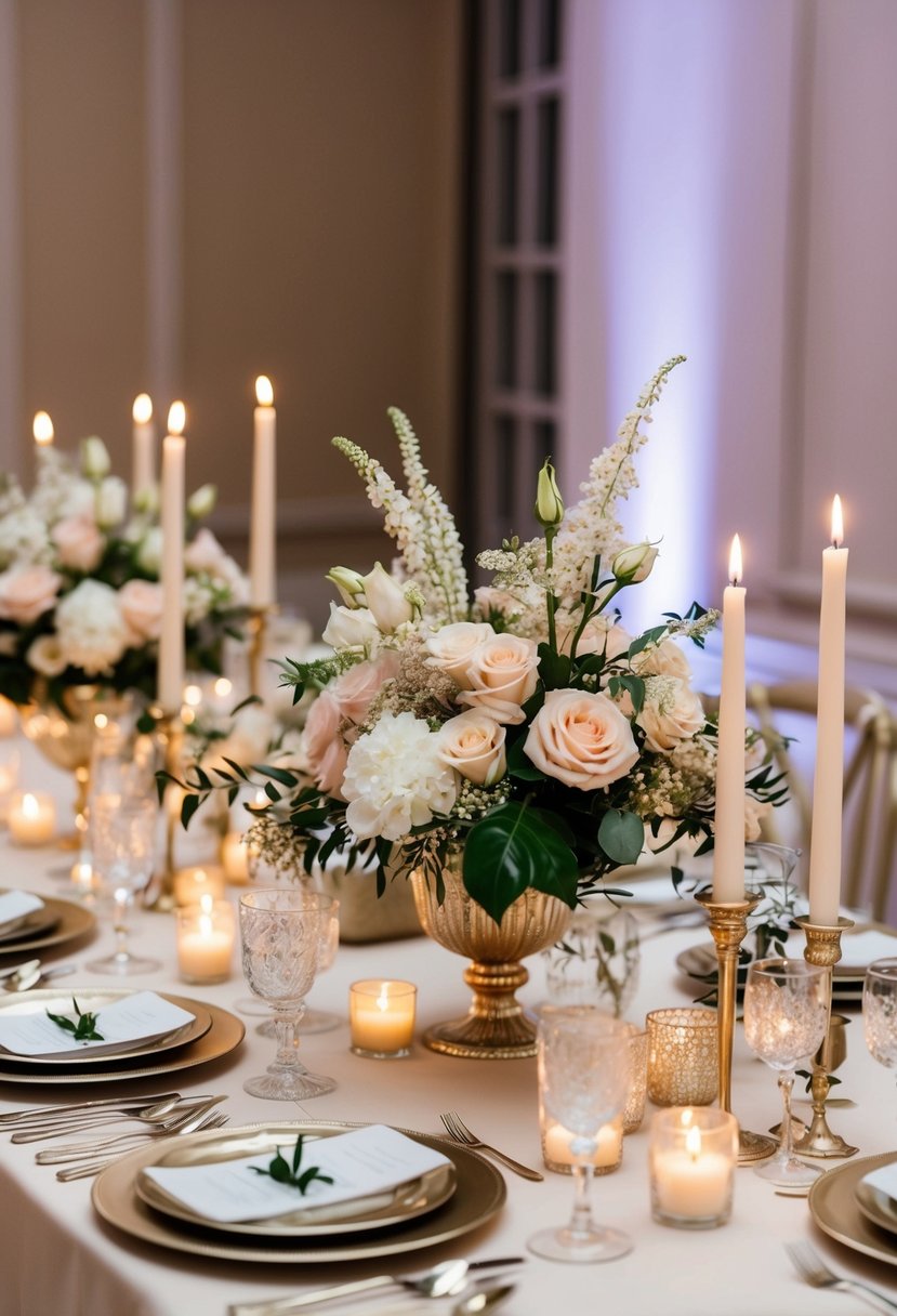 A table adorned with elegant floral centerpieces, delicate candles, and shimmering tableware creates a chic wedding ambiance