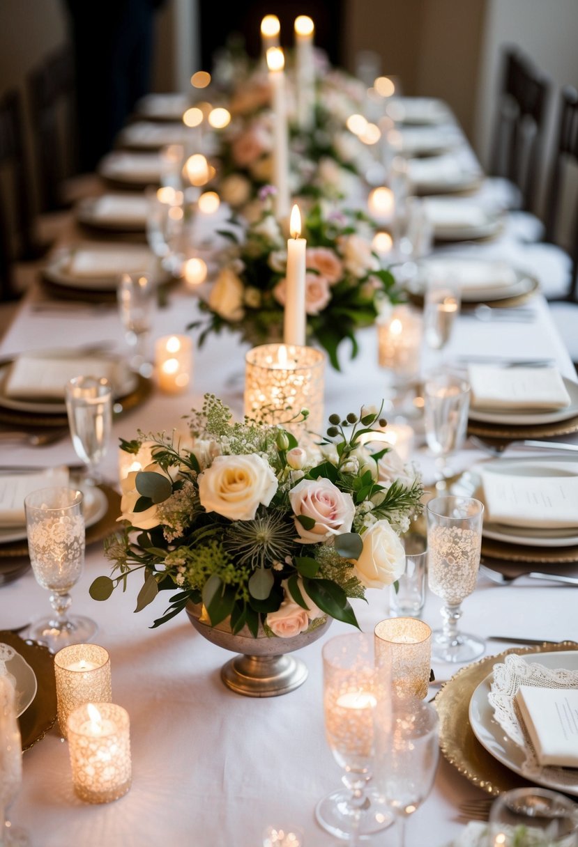 A table adorned with elegant floral centerpieces, sparkling candles, and delicate lace accents, creating a romantic and celebratory atmosphere for a wedding