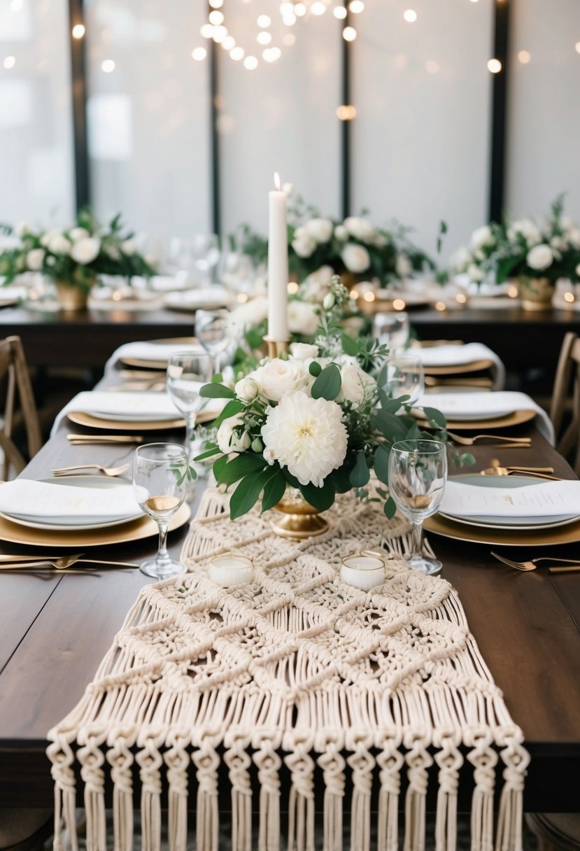 A beautifully decorated wedding table with macramé table runners, adding a touch of elegance and chic to the setting