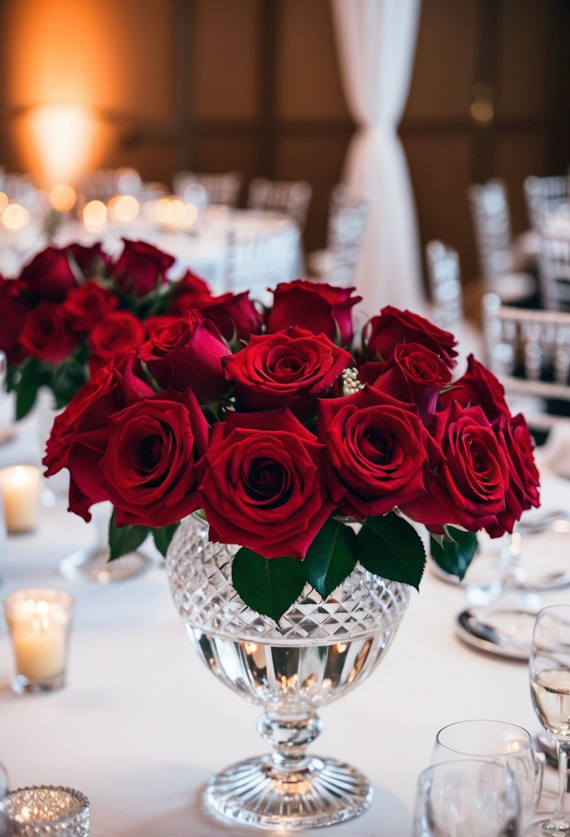 A crystal vase filled with red rose bouquets sits on a wedding reception table