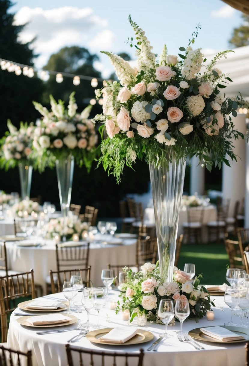 Tall floral stands adorn wedding tables, exuding elegance and celebration