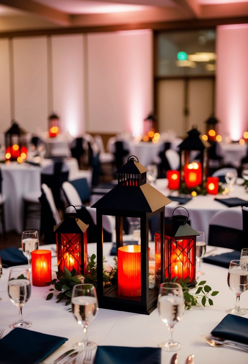 Red and black lantern centerpieces arranged on wedding reception tables, casting a warm glow and adding a touch of elegance to the decor