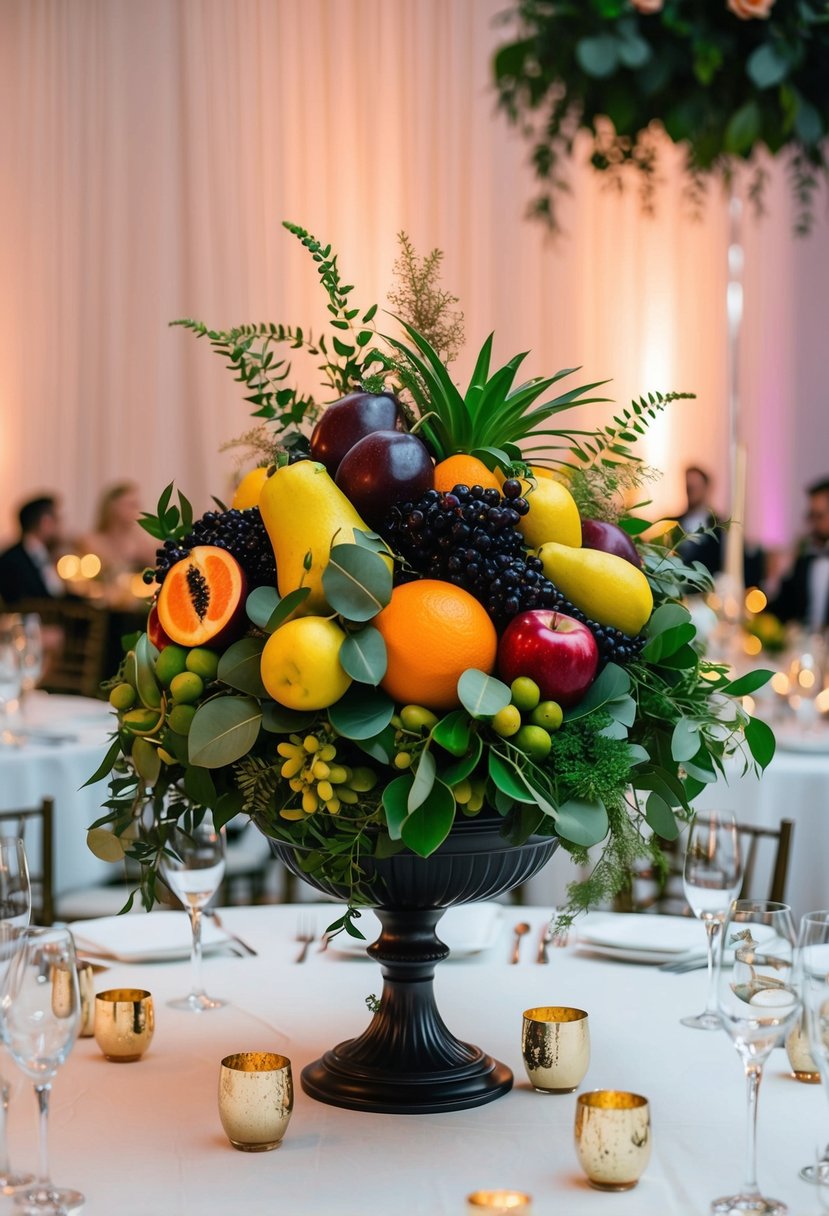 Lush compote centerpieces overflow with vibrant fruits and foliage, adorning a joyous wedding reception table