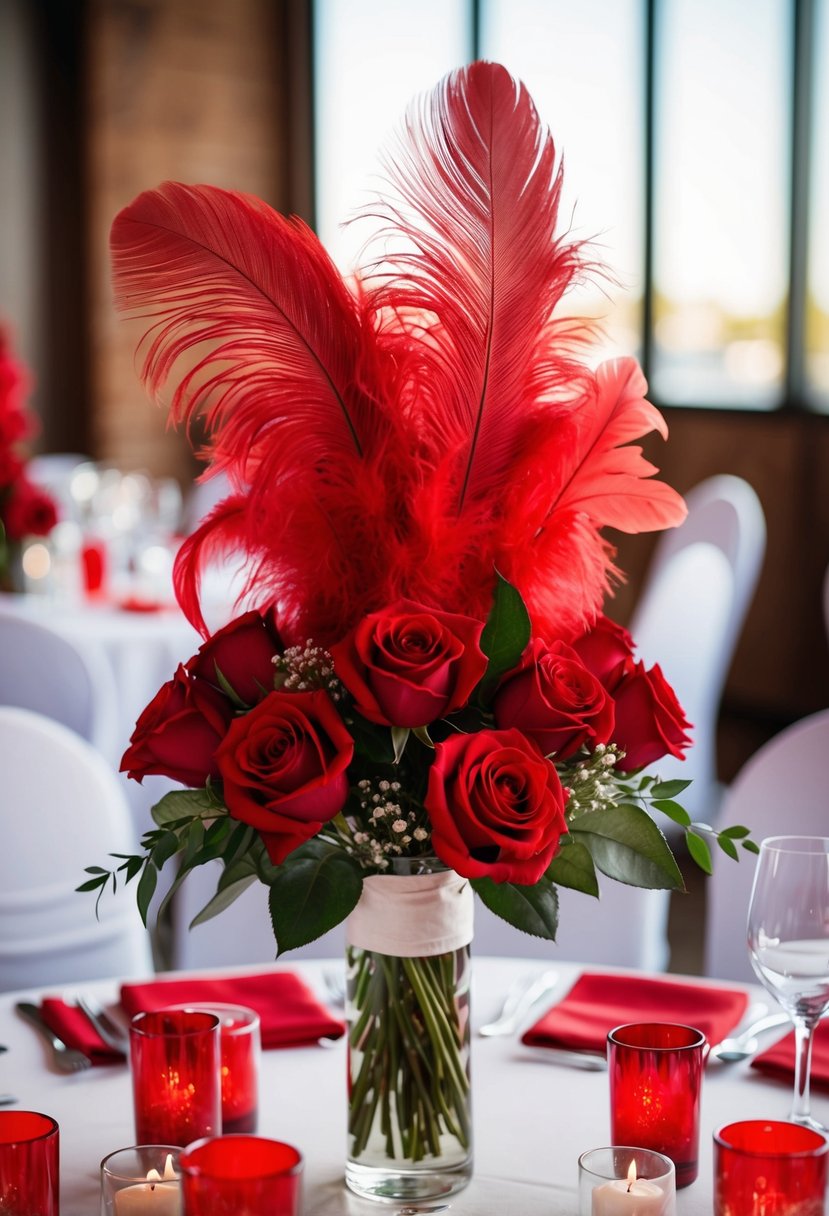 A centerpiece of red feathers and roses arranged on a wedding table