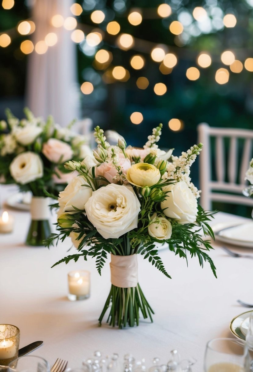 A cluster of mini bouquets adorns a wedding table, adding a celebratory touch to the decor