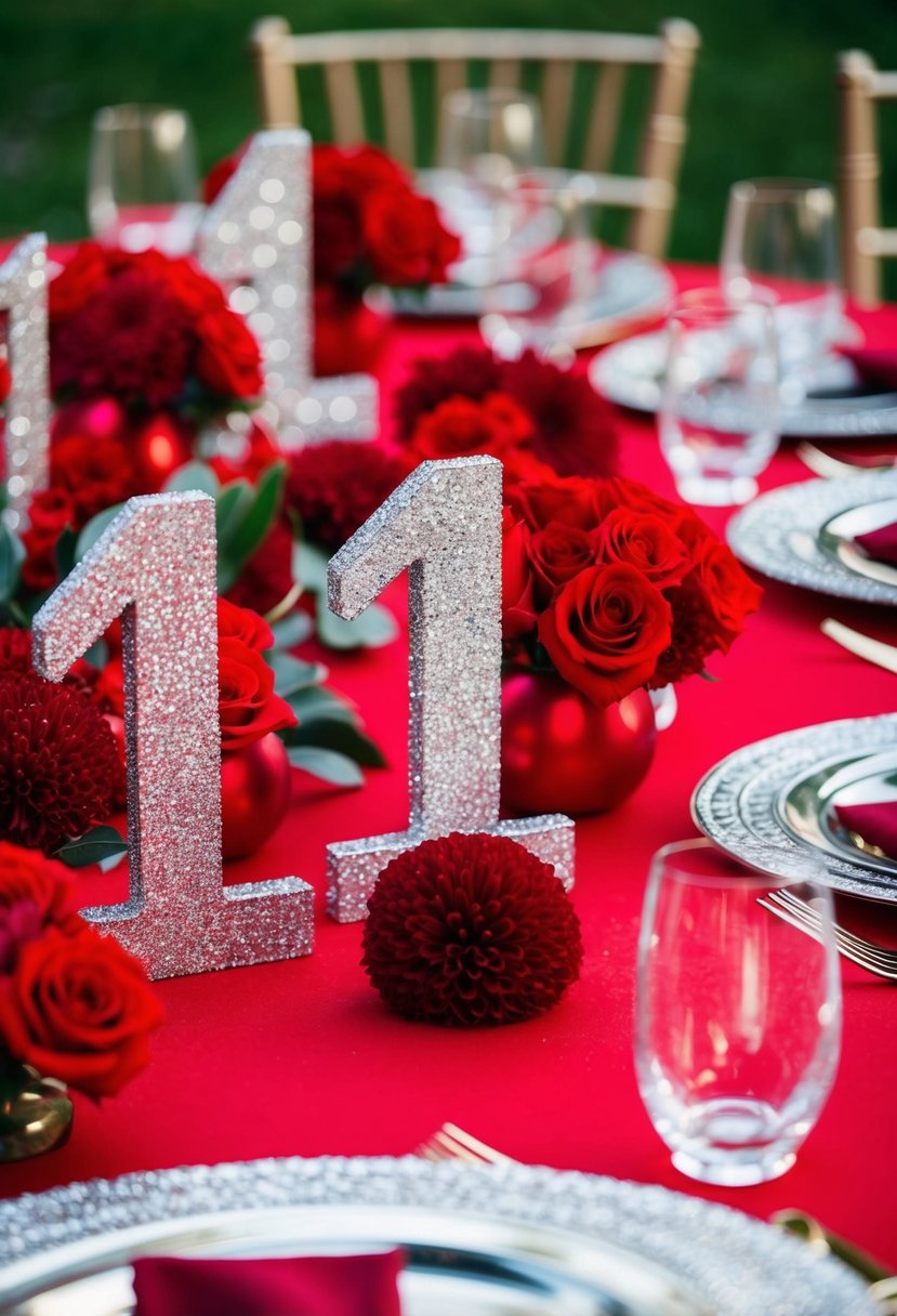 Glittering silver table numbers arranged amidst vibrant red wedding table decorations