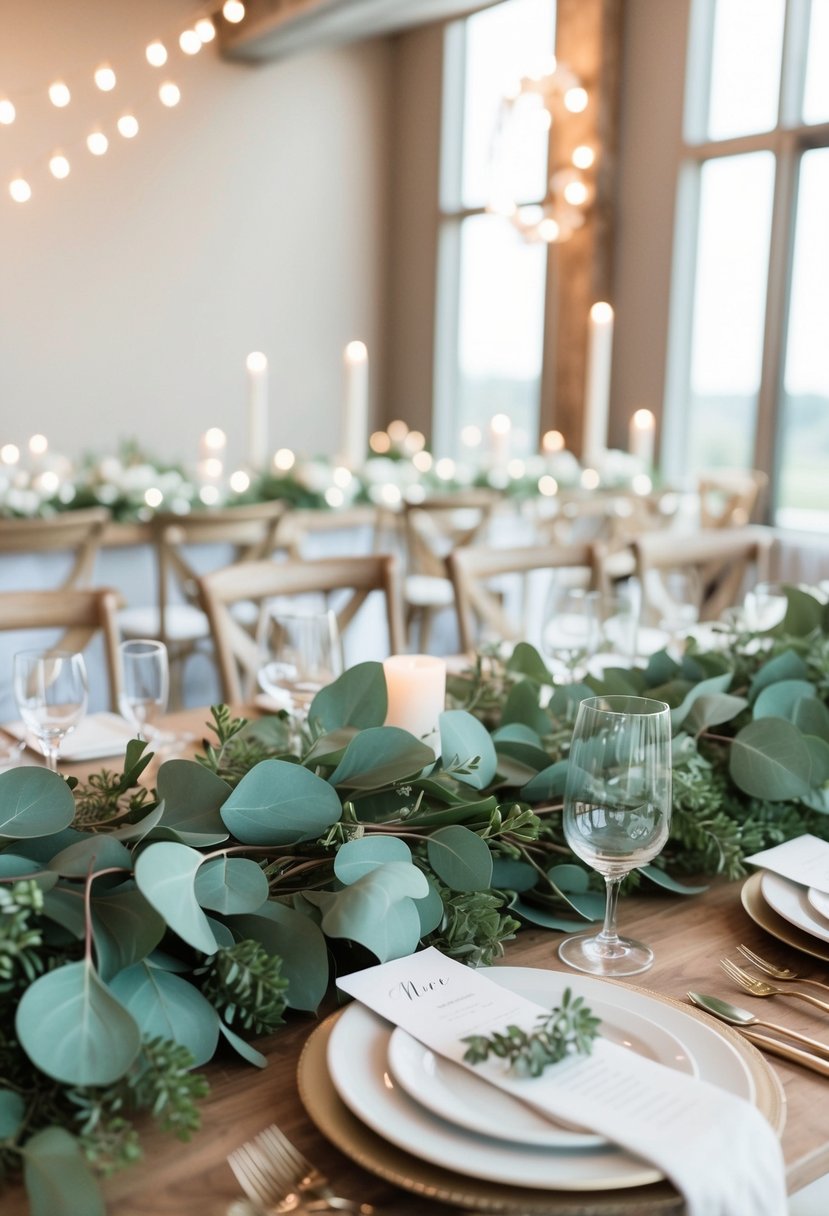 A table adorned with lush eucalyptus garlands and chic wedding decor