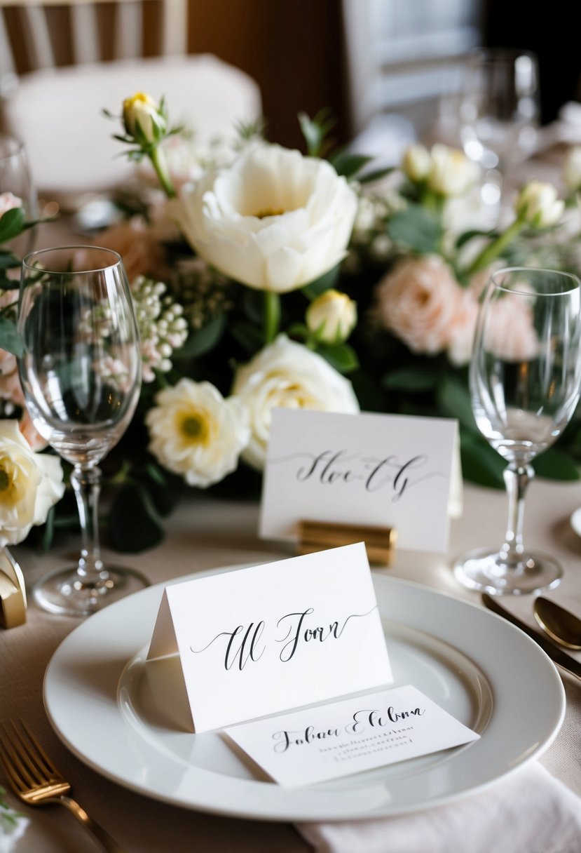 Elegant place cards arranged on a table with personalized calligraphy, surrounded by delicate floral centerpieces