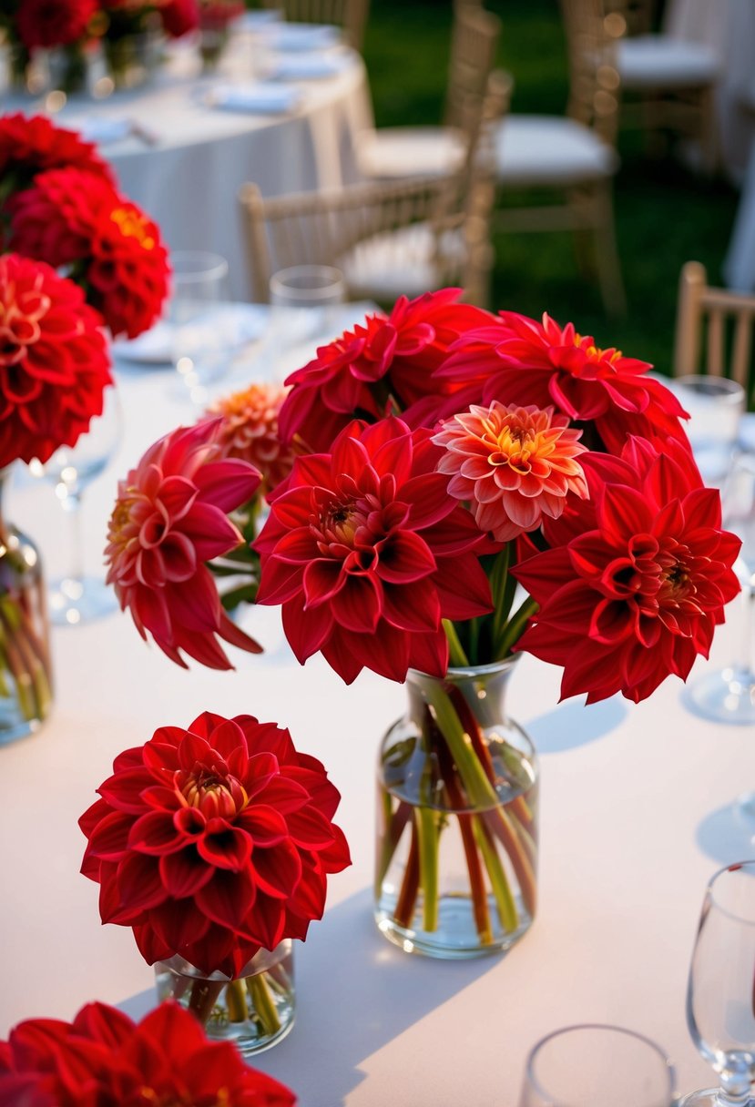 Red dahlias in small vases arranged on a wedding reception table