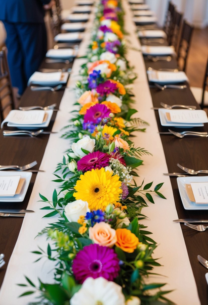 A long table adorned with vibrant floral table runners, creating a celebratory and elegant wedding decoration