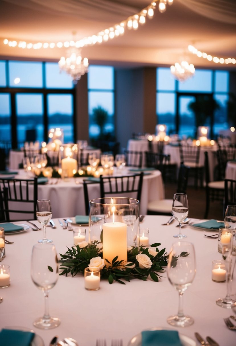 A table set with elegant floating candle centerpieces for a chic wedding