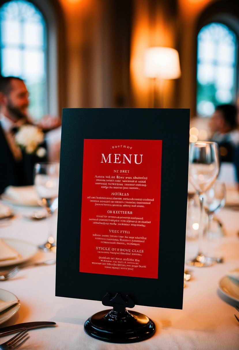 A red and black menu card displayed on a decorated wedding table