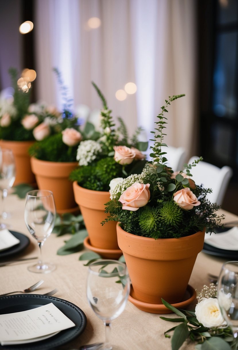 A table adorned with terracotta pot arrangements, creating a chic and rustic wedding centerpiece