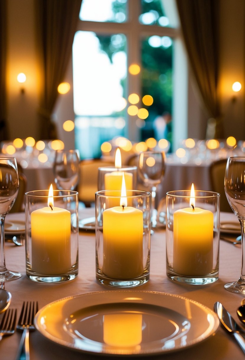 Three candlelit votive trios arranged in a celebratory wedding table setting, casting a warm glow over the elegant decor