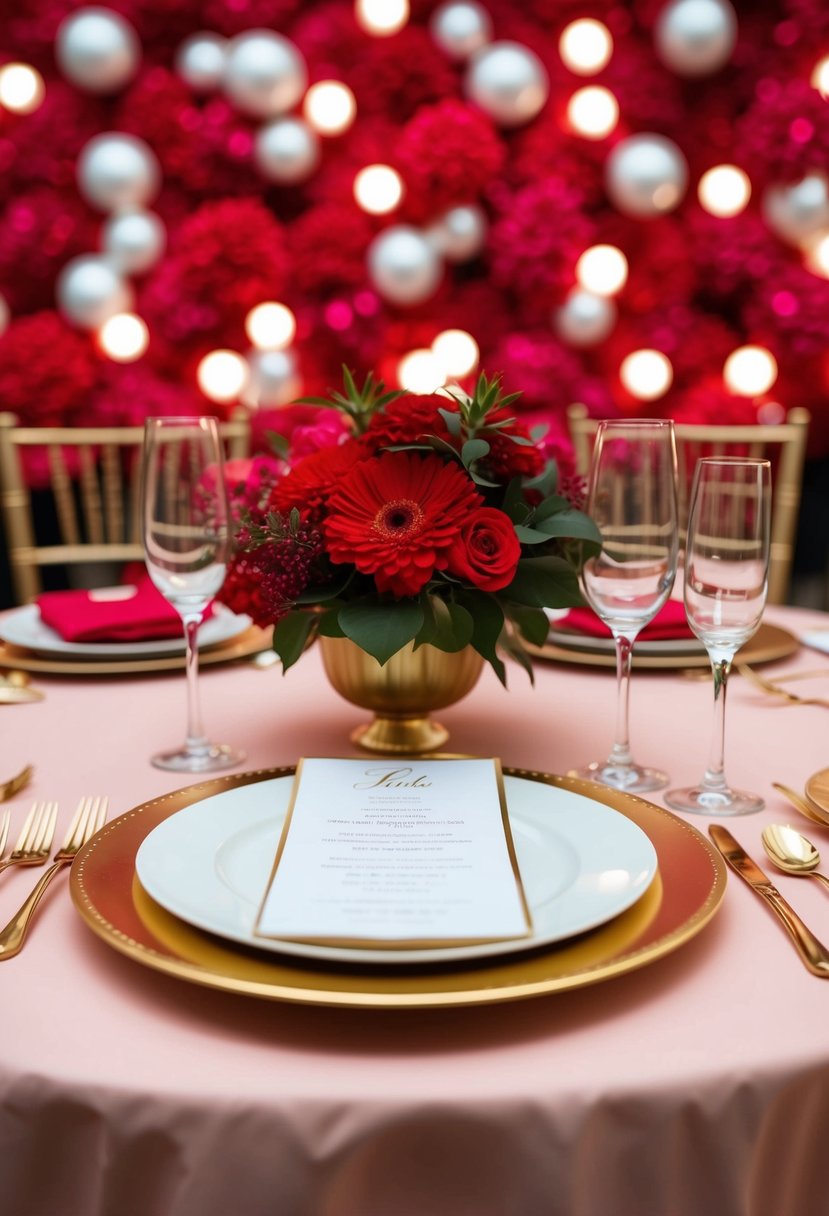 A table adorned with gold cutlery set against a backdrop of vibrant red wedding decorations