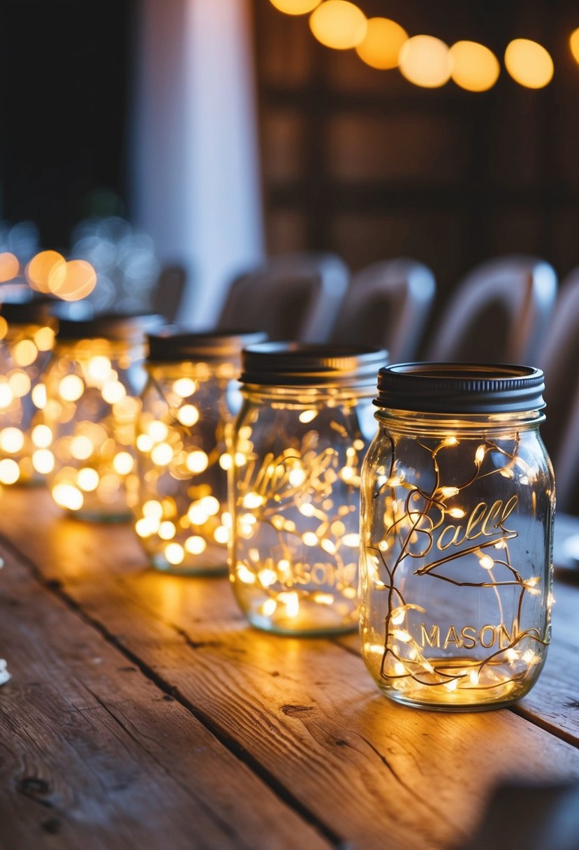 Mason jars filled with fairy lights illuminate a rustic wedding table, creating a warm and celebratory ambiance