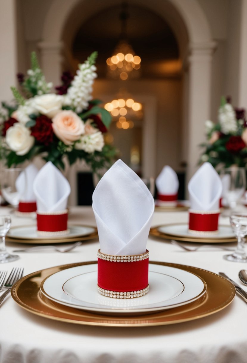 A red and white napkin ring set arranged on a beautifully set wedding table with elegant decor and floral centerpieces