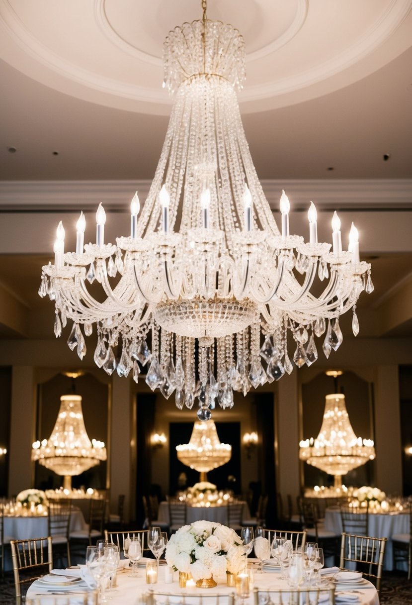 A grand crystal chandelier hangs above elegant wedding tables, casting a sparkling glow on the celebratory centerpieces