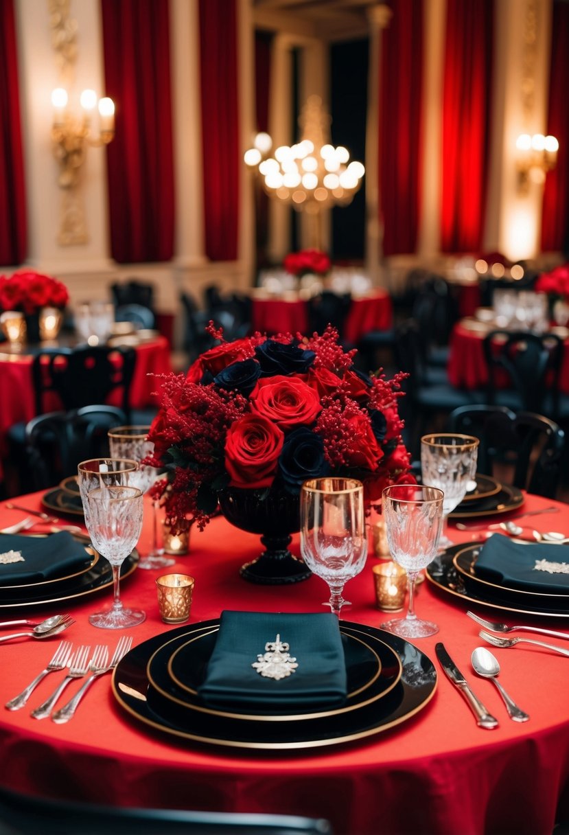 A grand red and black table setting with vintage Hollywood glamour