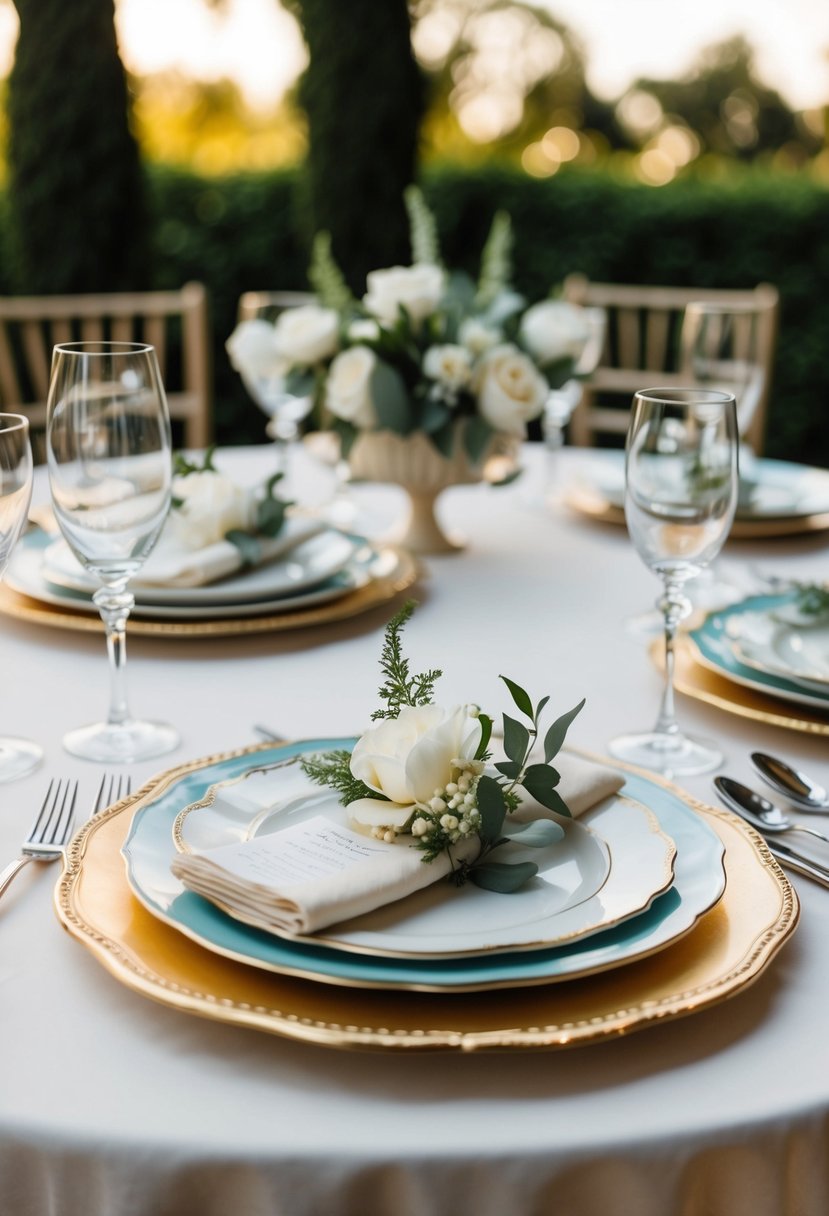 A table set with vintage china place settings for a chic wedding