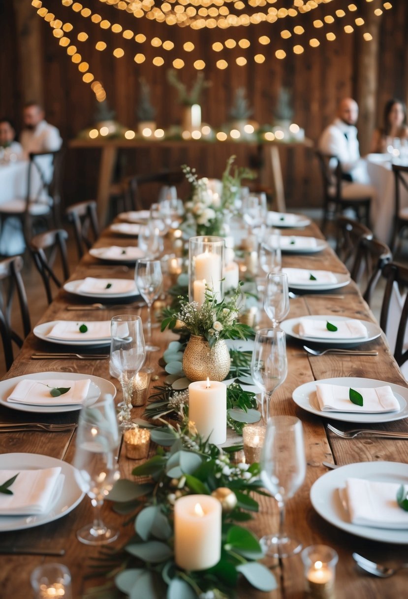 A rustic wooden table adorned with celebratory wedding decorations