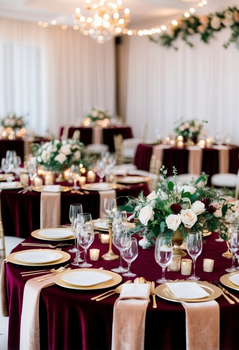 A table adorned with rich velvet tablecloths, elegant centerpieces, and delicate place settings, creating a chic and luxurious wedding table decoration