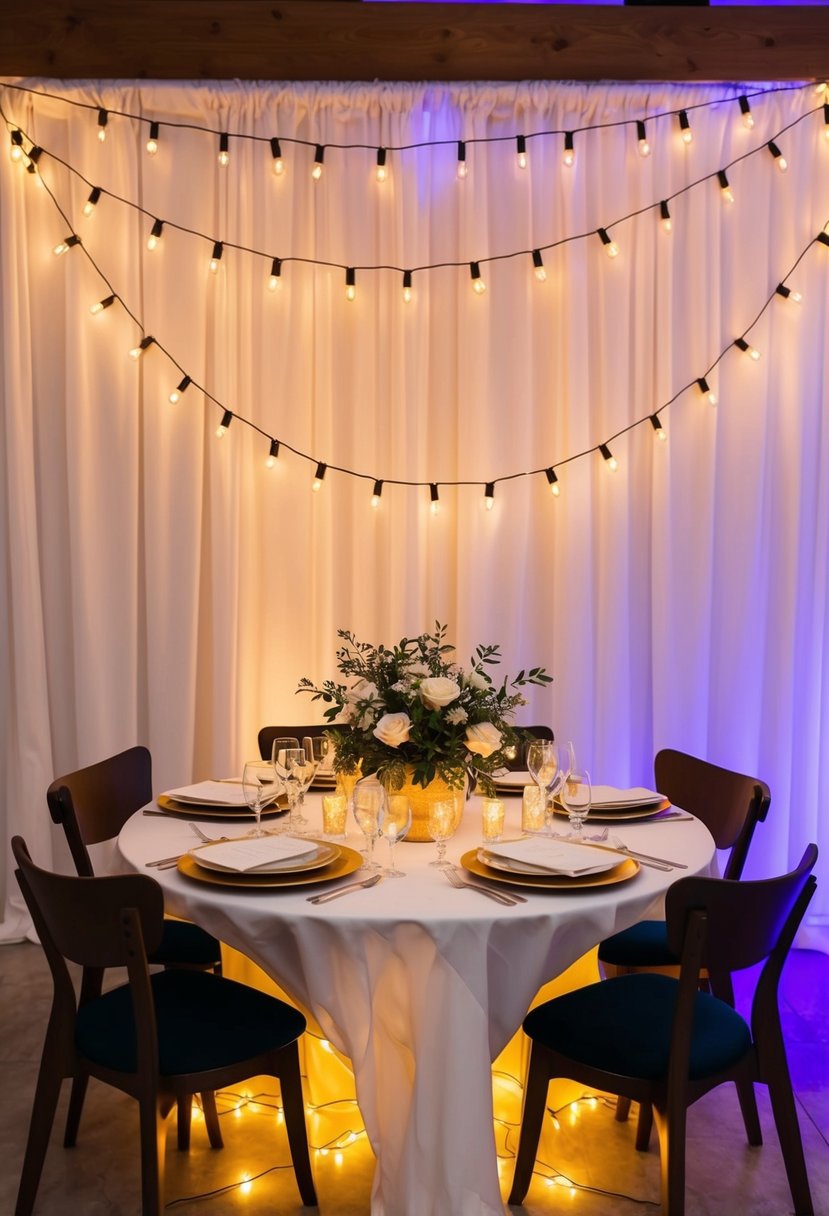 A table adorned with LED string lights casting a warm and celebratory glow for a wedding decoration